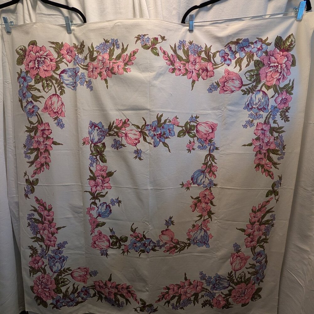 Vintage Tablecloth with Pink and Blue Flowers